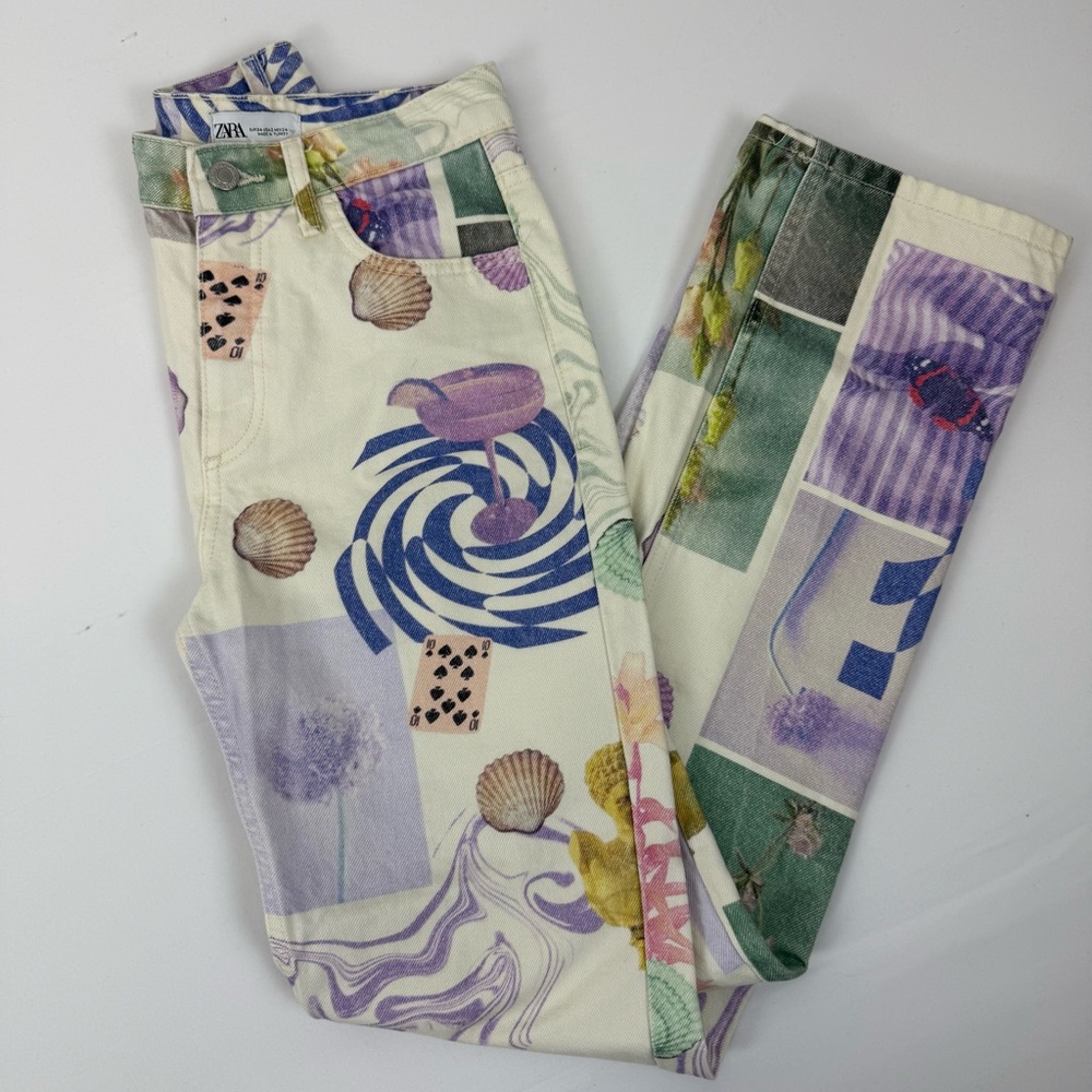 Zara High Rise Straight Fit Seashell Graphic Jeans Size 2 Colorful Women’s